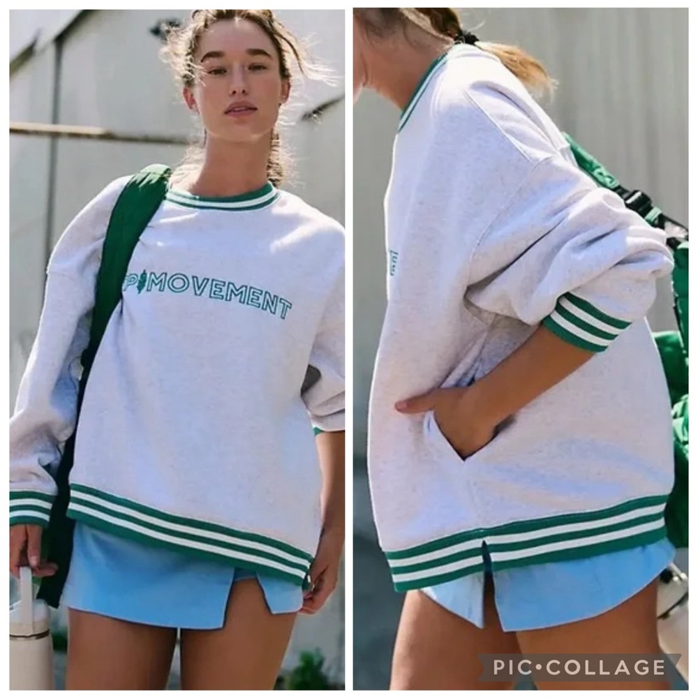 Free People FP Movement All Star Collegiate Logo Pullover XS NWT Grey Green